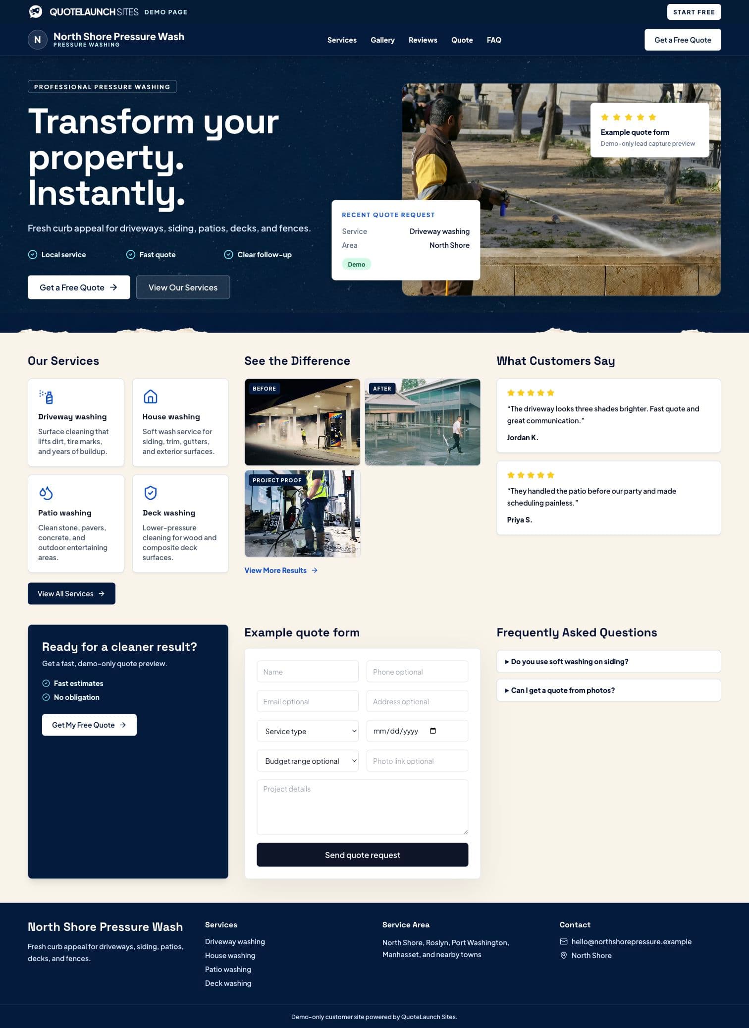 Current pressure-washing demo with service cards, project proof, customer reviews, and quote form